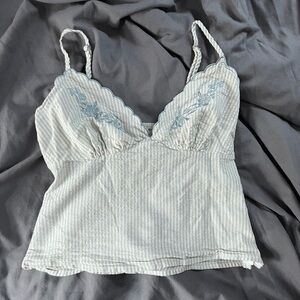 Elegant White Camisole with Blue Embroidery